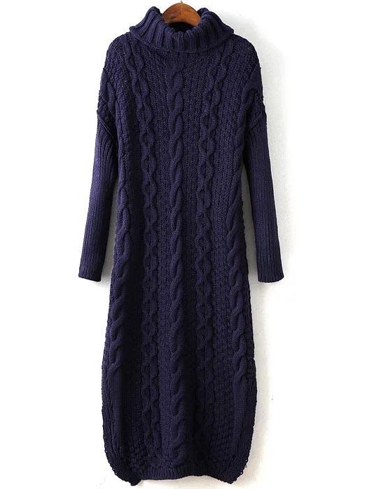 Shein Navy Cable Knit Turtleneck Slit Maxi Sweater Dress