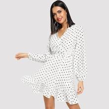 Shein Wrap Neck Dot Ruffle Hem Dress