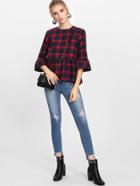 Shein Trumpet Sleeve Checked Smock Top
