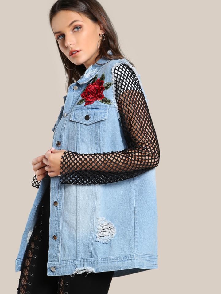 Shein Embroidered Fishnet Sleeve Jacket Light Denim