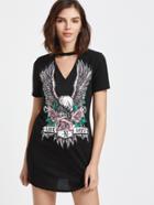 Shein Black Printed Cur Out Choker Neck Tee Dress