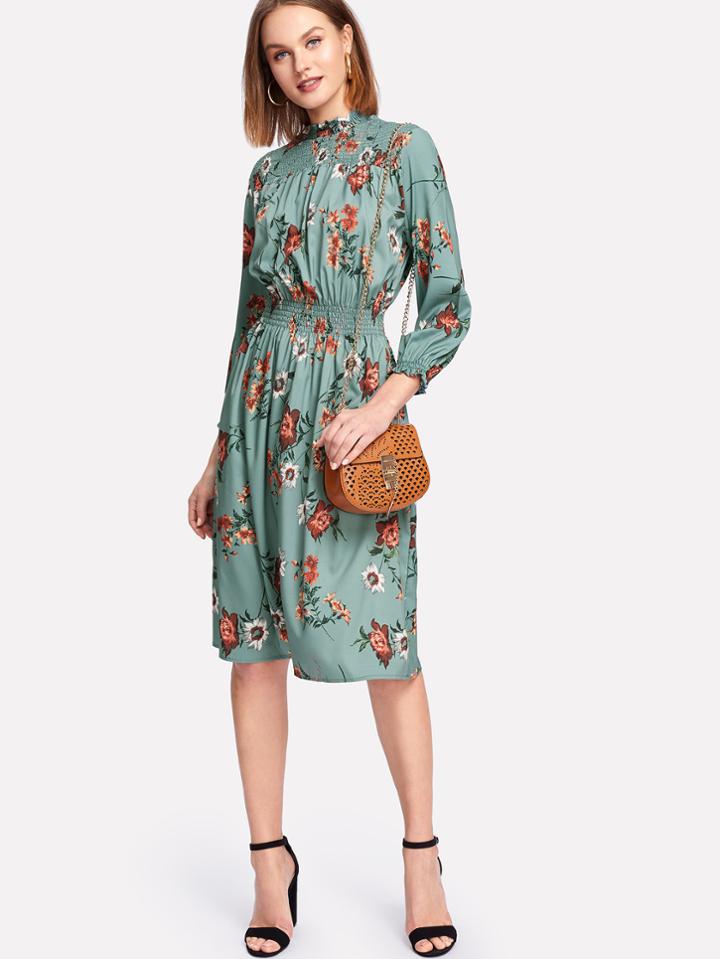 Shein Shirred Detail Floral Dress