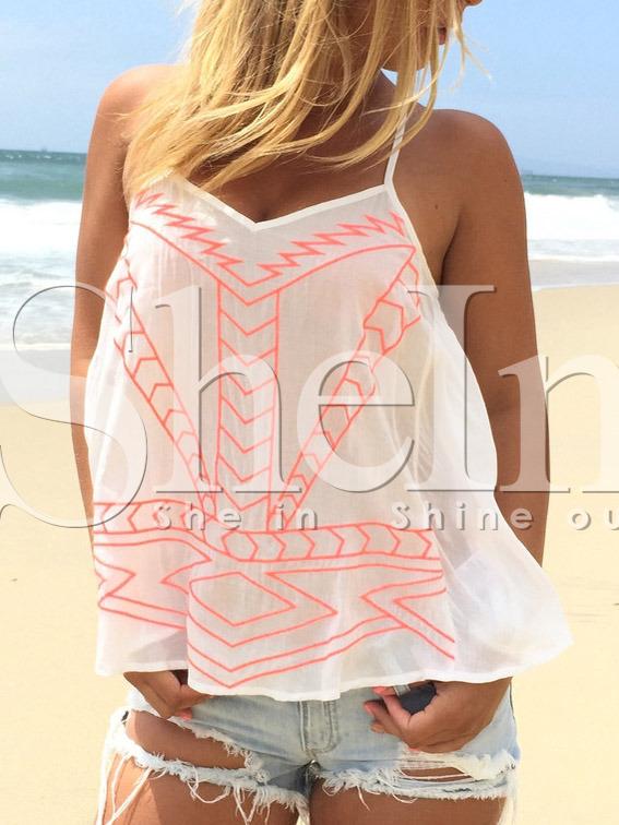 Shein Beige Embroidery Spaghetti Strap Top