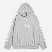 Shein Men Gingham Print Sleeve Drawstring Hooded Sweatshirt