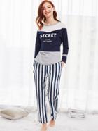 Shein Colorblock Tee And Striped Pants Pajama Set