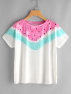 Shein Watermelon Print Cuffed Sleeve T-shirt