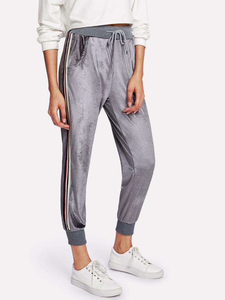 Shein Striped Tape Side Velvet Pants