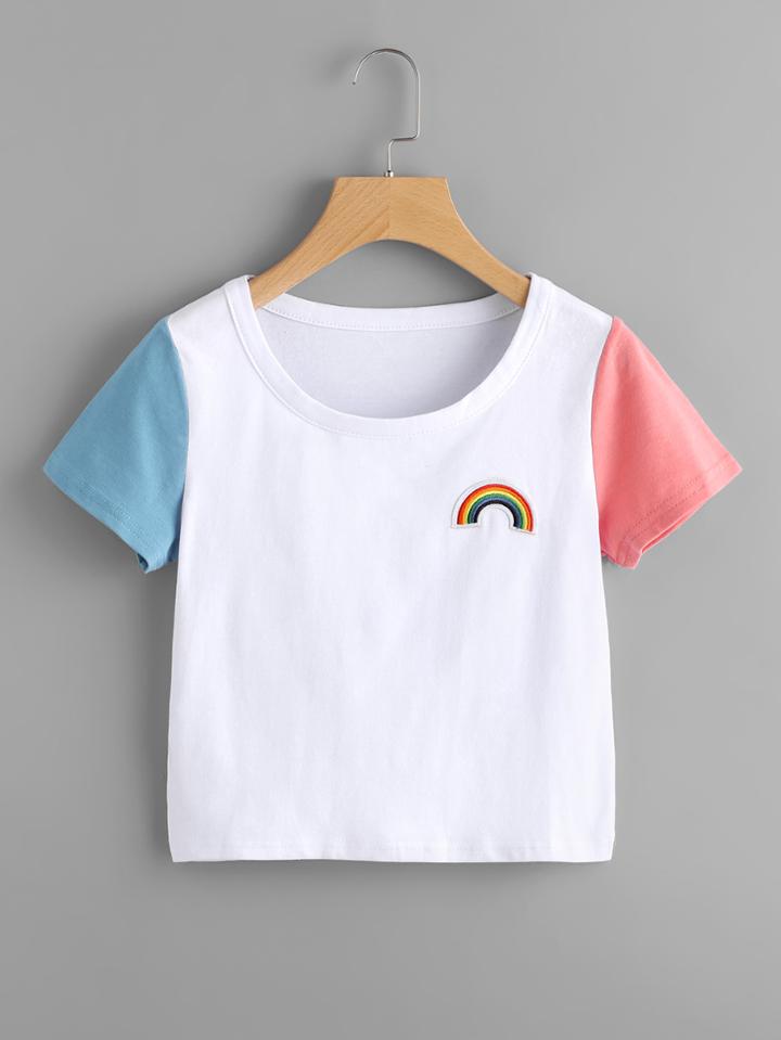 Shein Contrast Sleeve Crop Tee With Patch