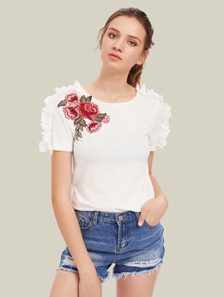 Shein Flower Patch Frilled Shoulder Slub Tee