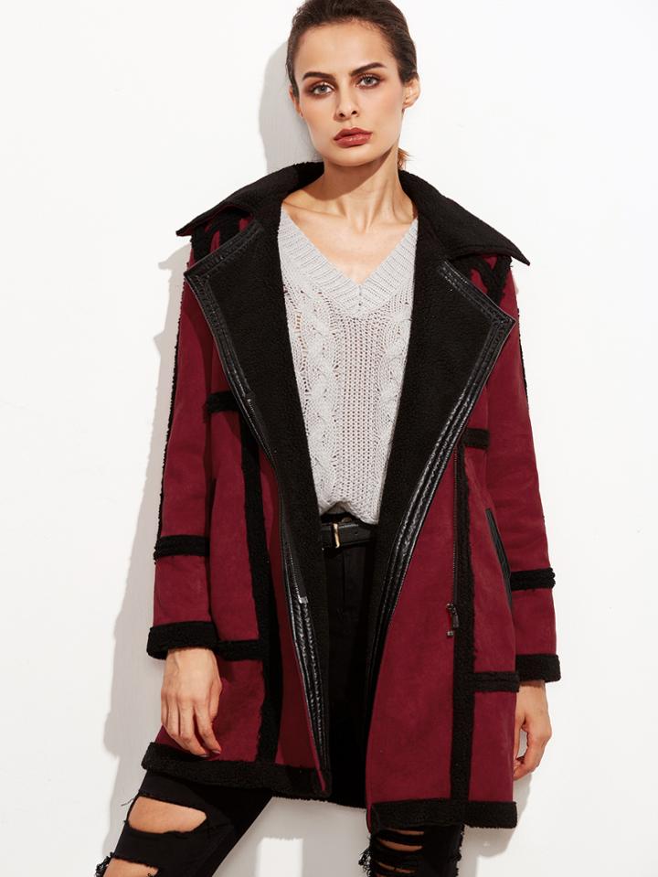 Shein Burgundy Contrast Trim Faux Shearling Coat