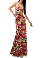Rosewe Flower Print Strapless Red Maxi Dress