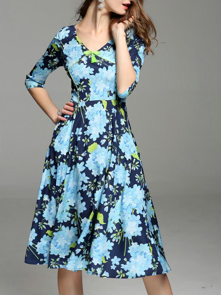 Shein Blue V Neck Flowers Print A-line Dress
