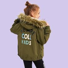 Shein Girls Flap Pocket Faux Fur Hooded Coat