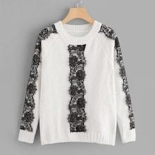 Shein Floral Lace Trim Chenille Sweater