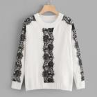 Shein Floral Lace Trim Chenille Sweater