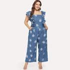 Shein Plus Flower Print Ruffle Strap Denim Palazzo Jumpsuit
