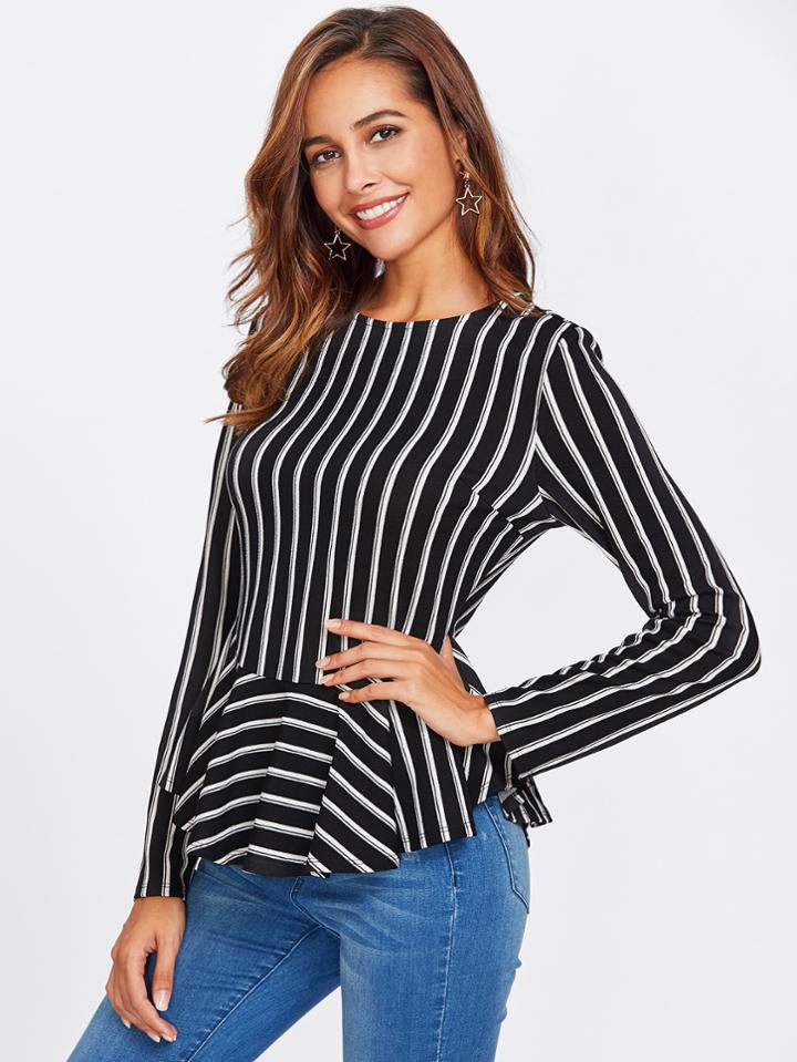 Shein Keyhole Back Curved Frill Hem Striped Tee