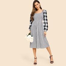Shein 60s Square Neck Lantern Sleeve Plaid Dress