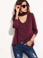 Shein Burgundy Heathered Cutout Choker Overlap High Low T-shirt