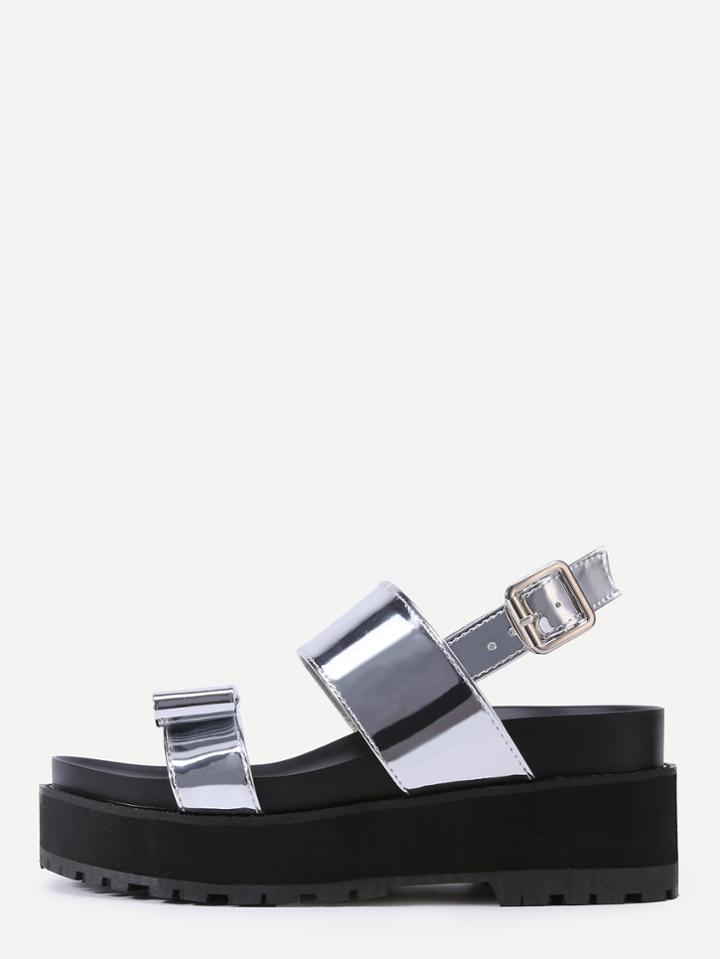 Shein Silver Peep Toe Bow Buckle Strap Flatform Sandals