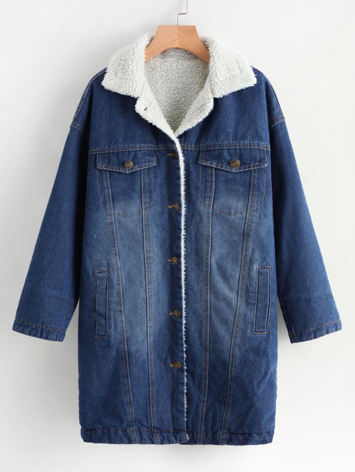 Shein Denim Contrast Faux Shearling Bleached Coat