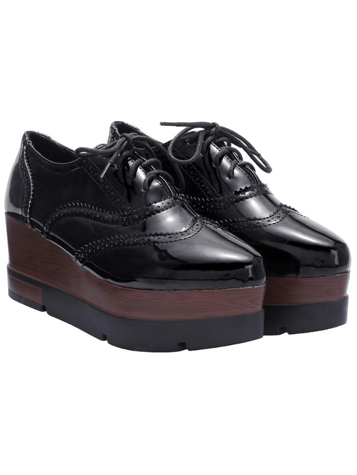 Shein Black Pointed Toe Pierced Thick-soled Lace Up Shoes
