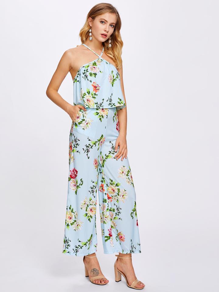 Shein Floral Random Print Tiered Jumpsuit