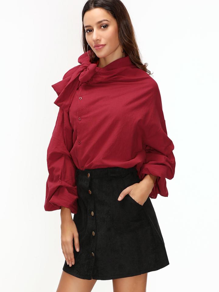 Shein Burgundy Bow Tie Lantern Sleeve Blouse