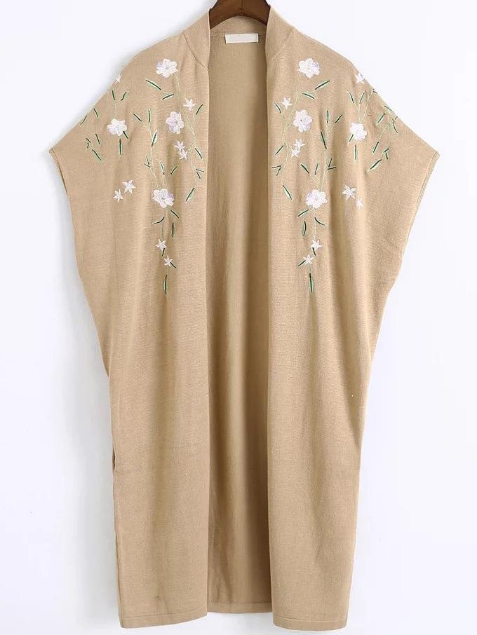 Shein Khaki Floral Embroidery Poncho Sweater