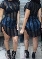 Rosewe Black Asymmetric Striped Design Sheer Dress