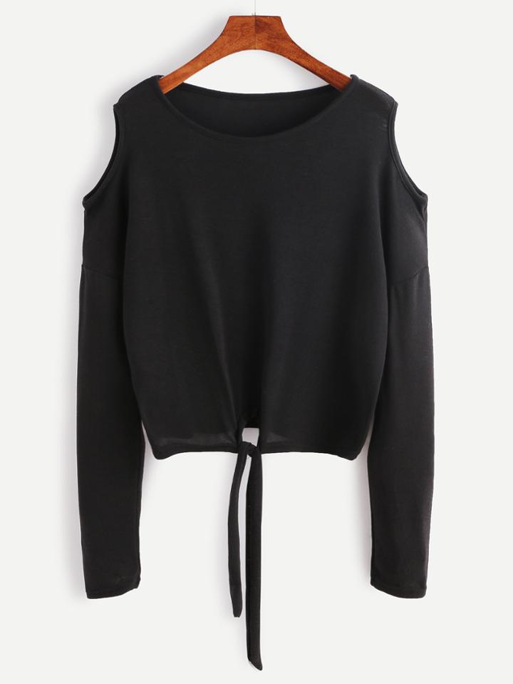Shein Black Open Shoulder Tie Front T-shirt