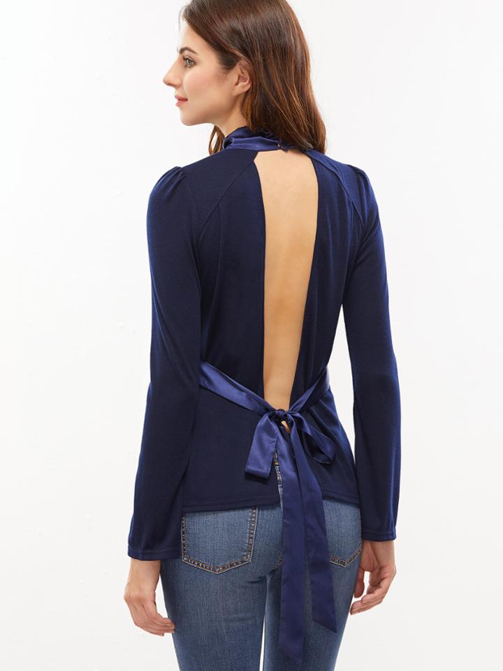 Shein Navy Bow Tie Open Back Split Bell Sleeve T-shirt