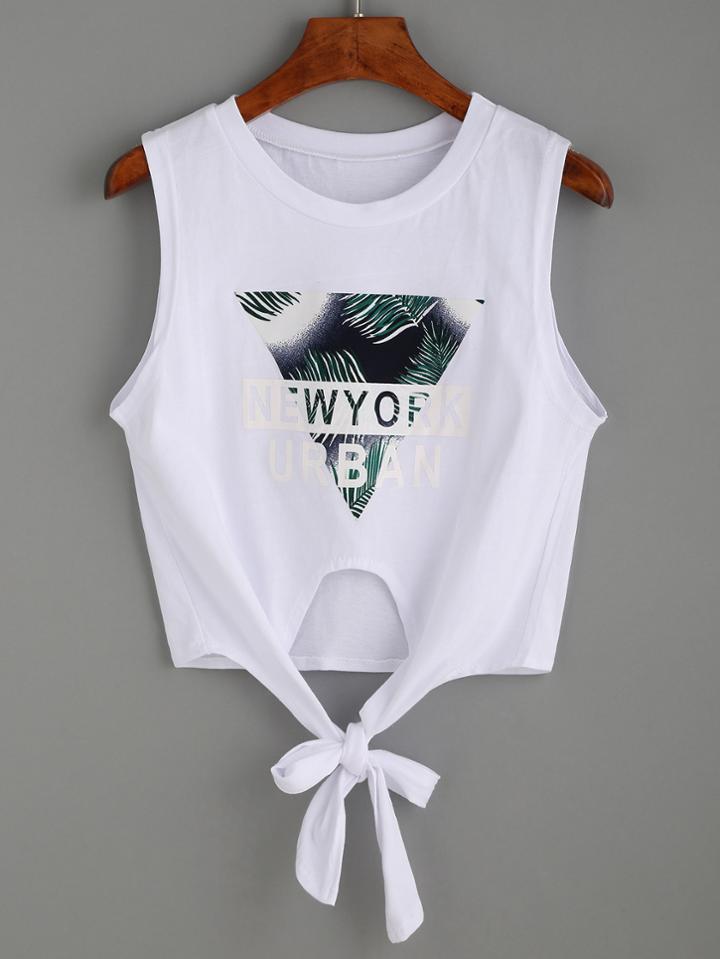Shein White Letter Print Knotted T-shirt