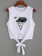 Shein White Letter Print Knotted T-shirt