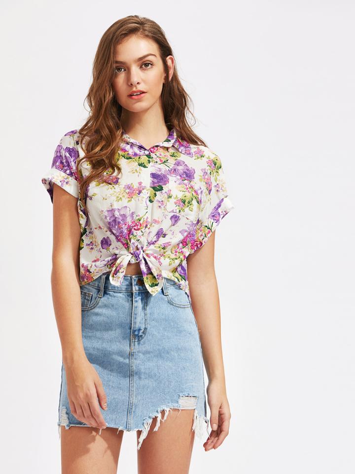 Shein Pocket Front Dolphin Hem Cuffed Cap Sleeve Blouse