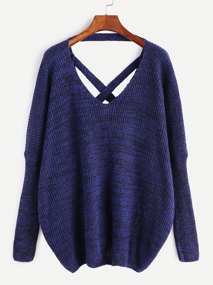 Shein Navy V Neck Criss Cross Back Slub Sweater