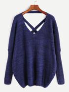Shein Navy V Neck Criss Cross Back Slub Sweater