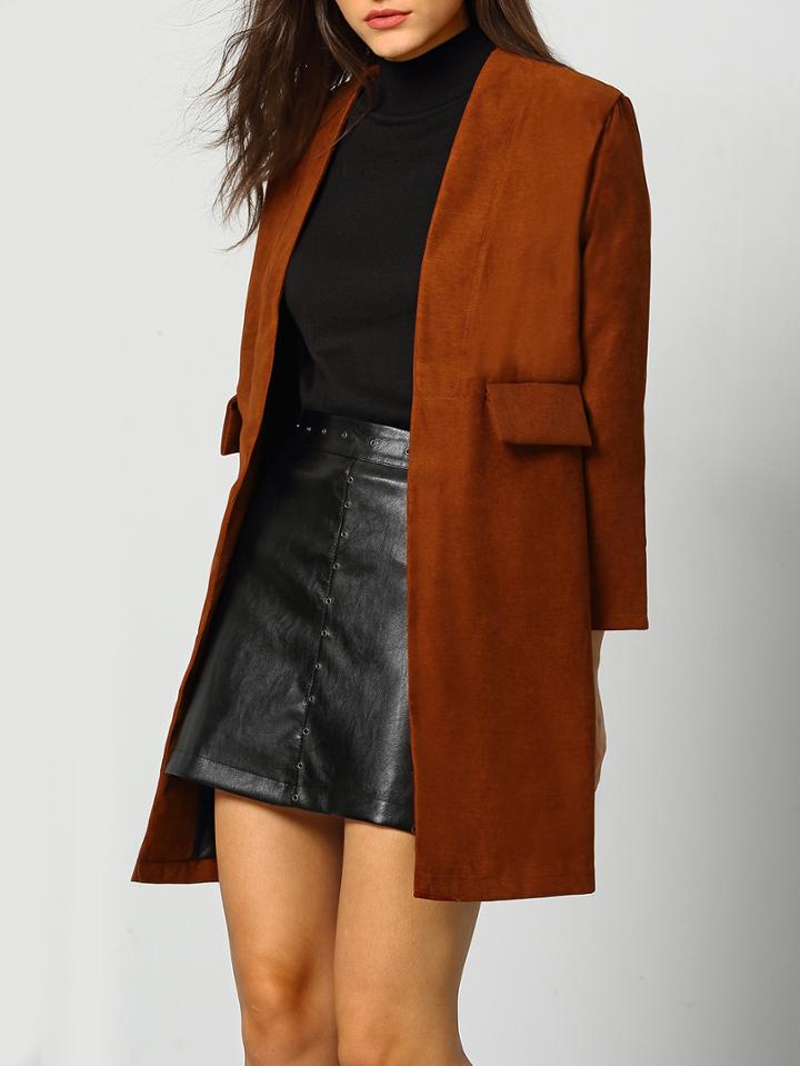 Shein Khaki Long Sleeve Corduroy Loose Coat