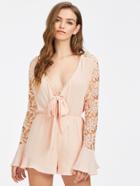 Shein Bow Tie Plunge Neck Lace Bell Sleeve Romper