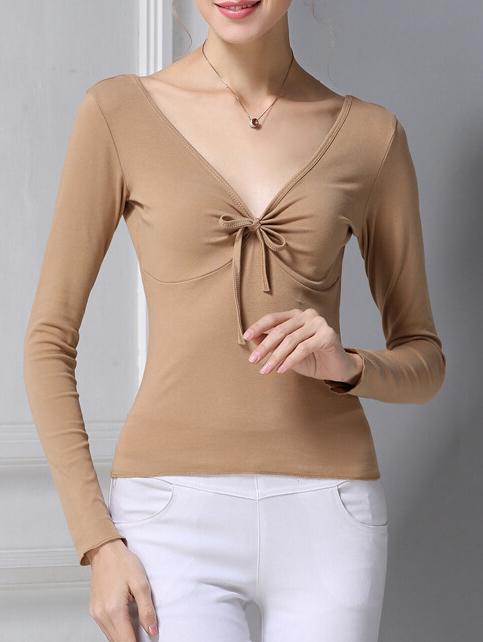 Shein Nude V Neck Bow Slim T-shirt