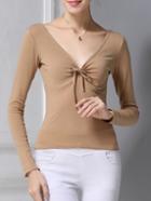 Shein Nude V Neck Bow Slim T-shirt