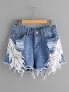 Shein Embroidered Lace Appliques Distressed Frayed Hem Denim Shorts