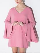 Shein Pink V Neck Bell Sleeve Straight Dress