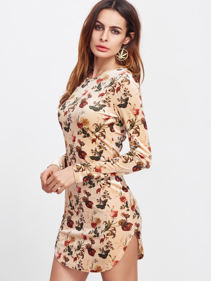 Shein Floral Print Curved Hem Bodycon Dress
