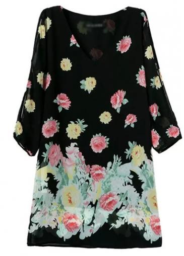 Rosewe Black Split Sleeve V Neck Printed Chiffon Dress