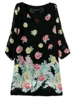 Rosewe Black Split Sleeve V Neck Printed Chiffon Dress