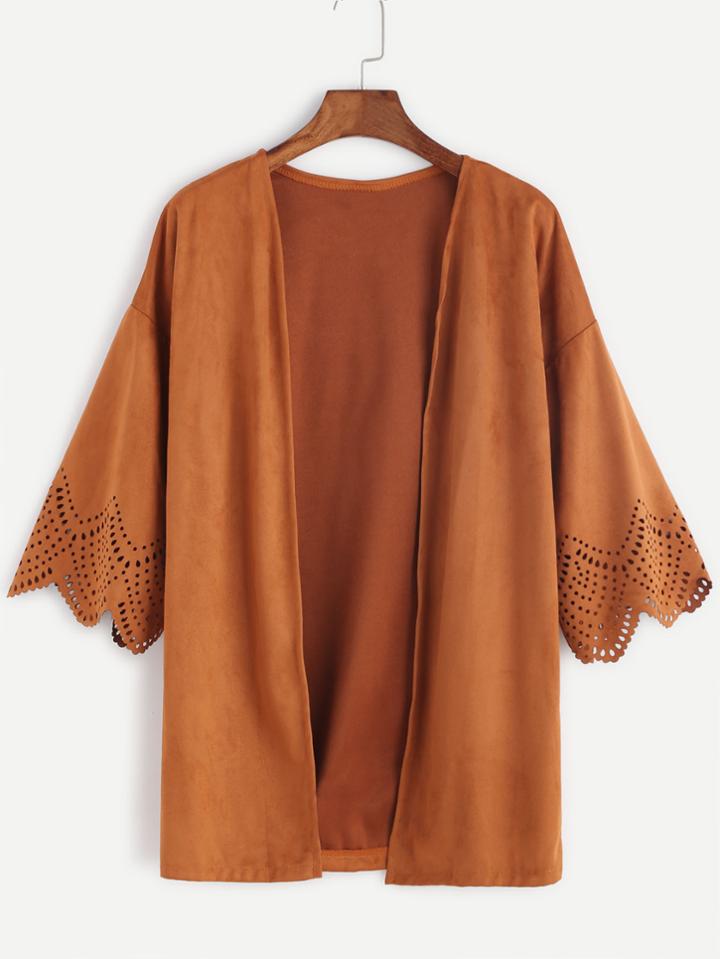 Shein Khaki Hollow Out Scallop Sleeve Coat