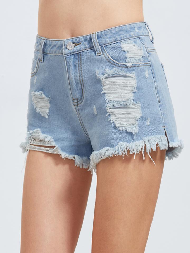 Shein Blue Bleach Wash Ripped Frayed Denim Shorts