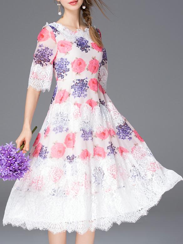 Shein White Print Contrast Lace A-line Dress