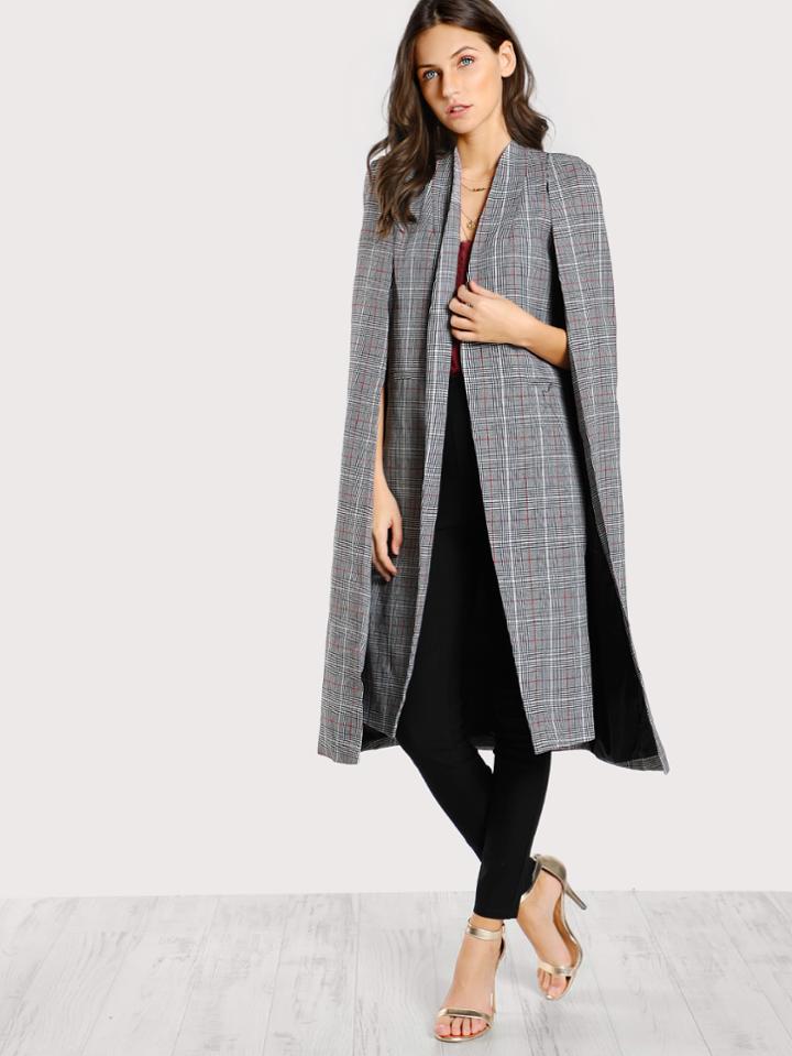 Shein Collarless Open Front Longline Plaid Cape Blazer